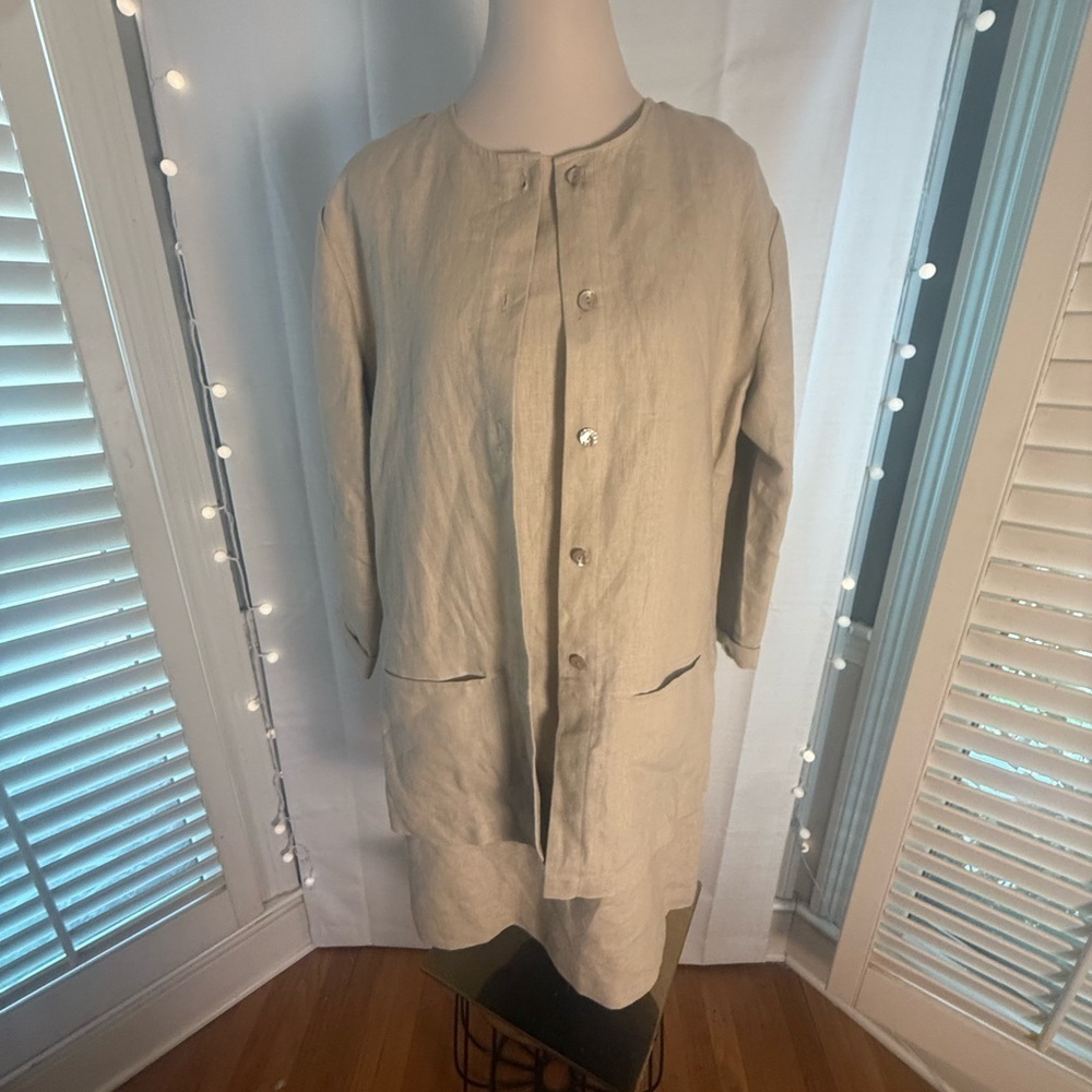 Samantha Taylor 100% Linen Beige Sleeveless Shift Dress & Jacket Set Size 10